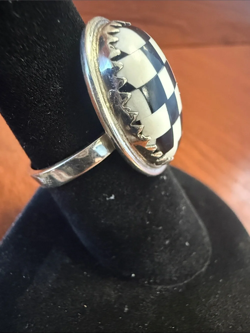 New 925 Sterling Silver Stone Inlay Black Onyx & White Checkered Oval Ring